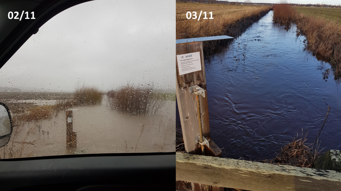 Two pictures showing the same stream in Röbäcksdalen one day apart. Photographer: Håkan Nilsson