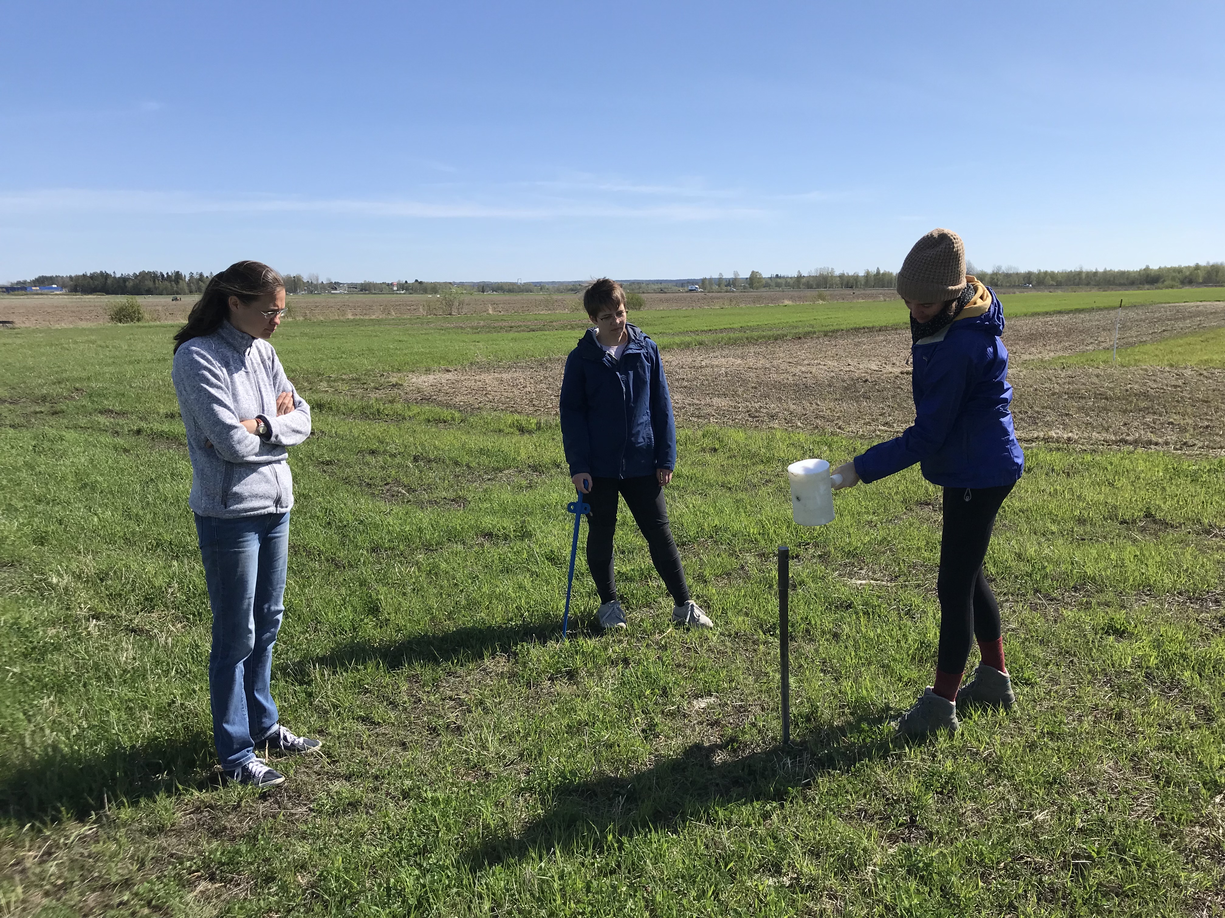 Sara Bauke, Heike Schimmel and Dymphie Burger from Bonn University are taking soil samples at Röbäcksdalen in preparation for their experiment. Photo by Boel Sandström.