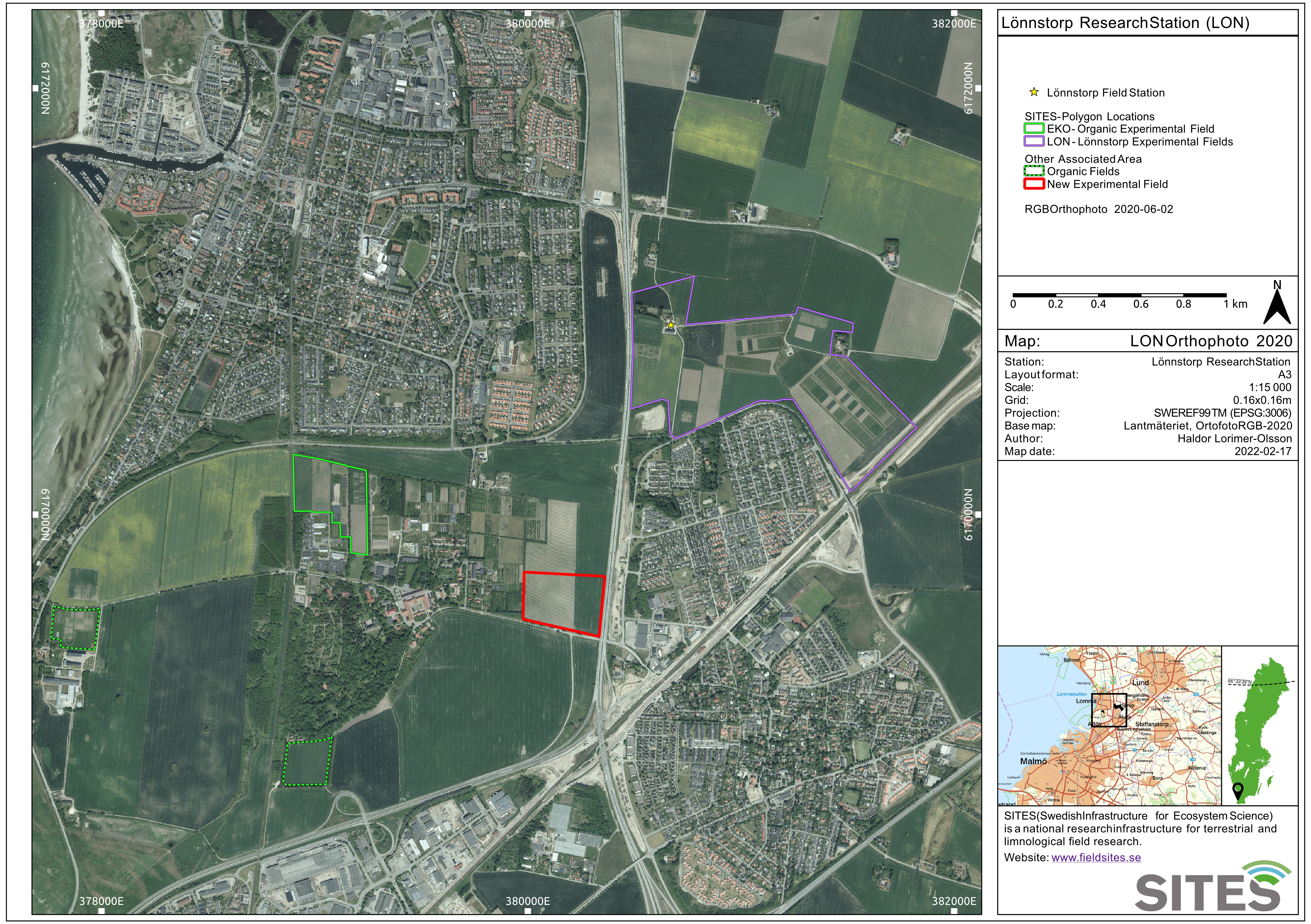 The new organic experimental field is shown in red. Map: Lantmäteriet orthophoto 2020