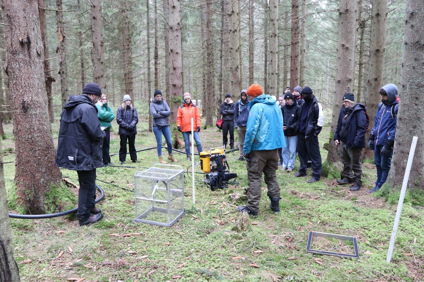 Researchers demonstrate how chambers are used to measure soil respiration. Photo by: Leif Klemedtsson