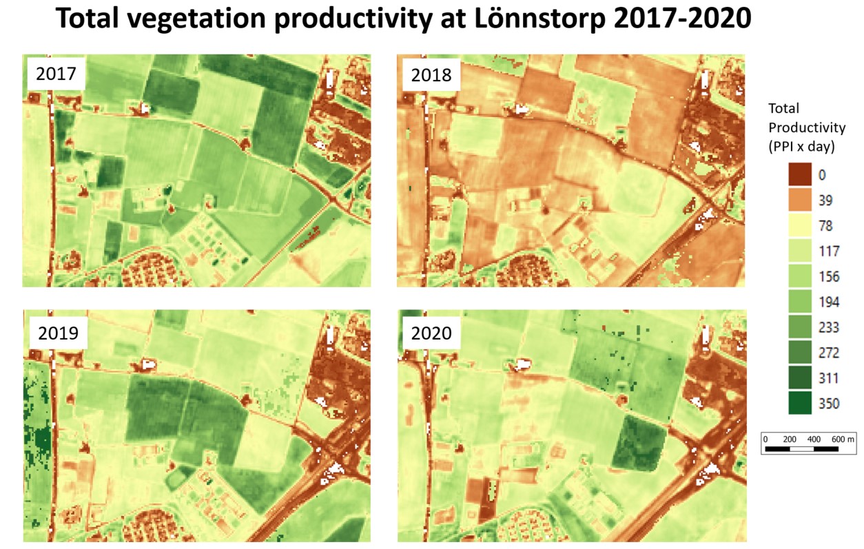 A 4x4 grid of the same area showing how much of the vegetation is green. The square showing 2018 is more brown than the others.